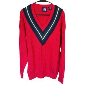 Vtg 90s Gap Vneck Cableknit Red Sweater Preppy Prep Academia L Criquet Old Money